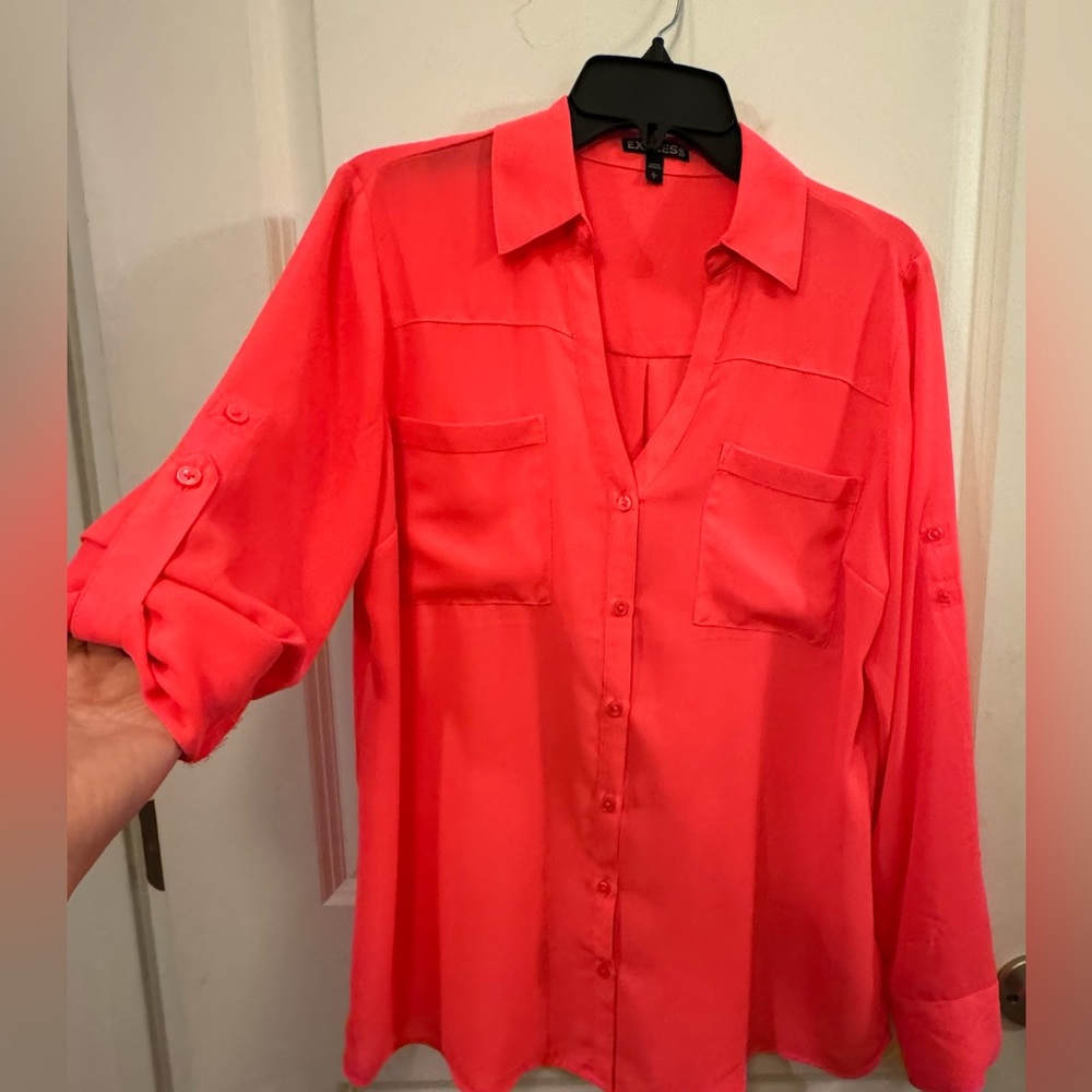 Express fluorescent pink/coral button down blouse